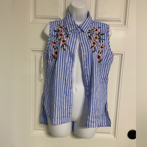 T5- KONTROL Blue Striped Floral Embroidered Shirt - Picture 1 of 6